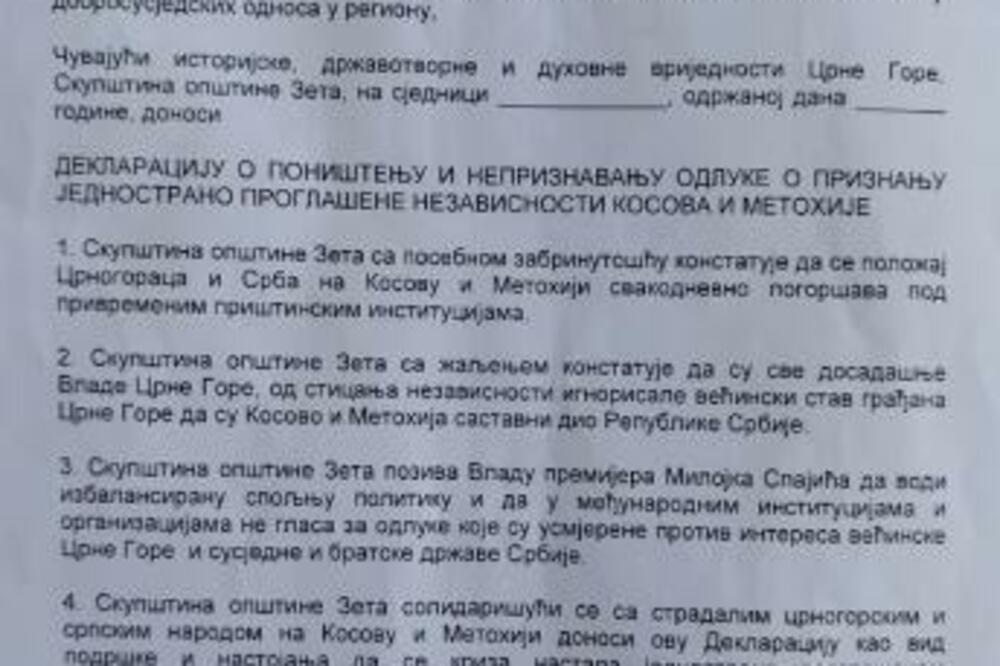 Deklaracija o povlačenju priznanja Kosova na teritoriji Zete predata lokalnom parlamentu