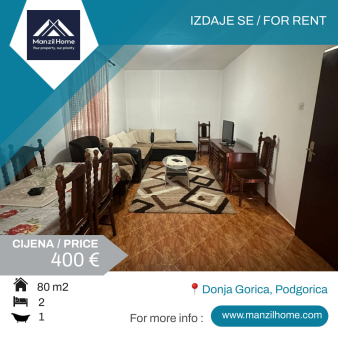 Izdaje se potpuno namješten dvosoban stan od 80m2, Donja Gorica