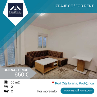 Izdaje se potpuno namješten dvosoban stan od 60m2, kod City kvarta