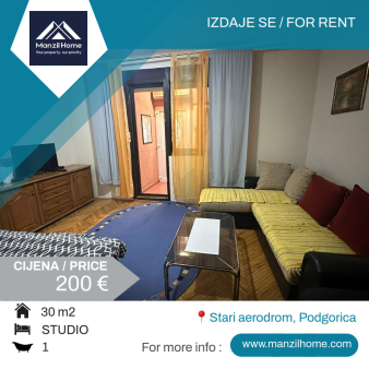 Izdaje se studio apartman, 30m2, Stari aerodrom, Podgorica