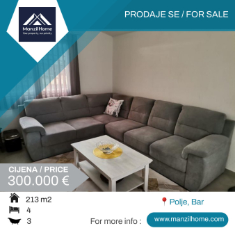 Kuća, 213m2, plac 261m2, Polje, Bar, Prodaja
