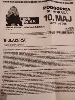 PRODAJEM DVIJE KARTE ZA KONCERT LEPE BRENE.MJESTA NA TRIBINAMA